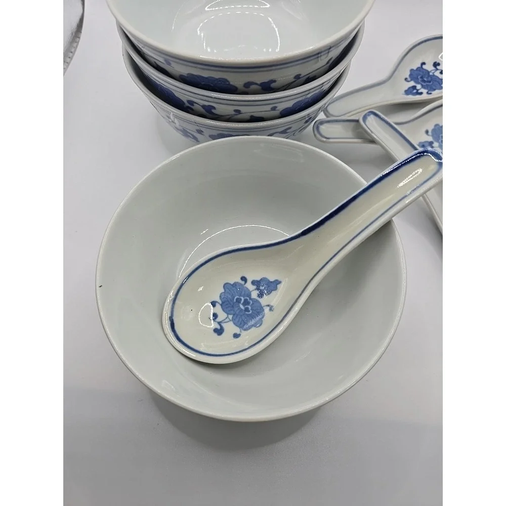 Vintage Chinese Porcelain Soup Rice Bowls (4) & Spoons (4) Eye Grain Style